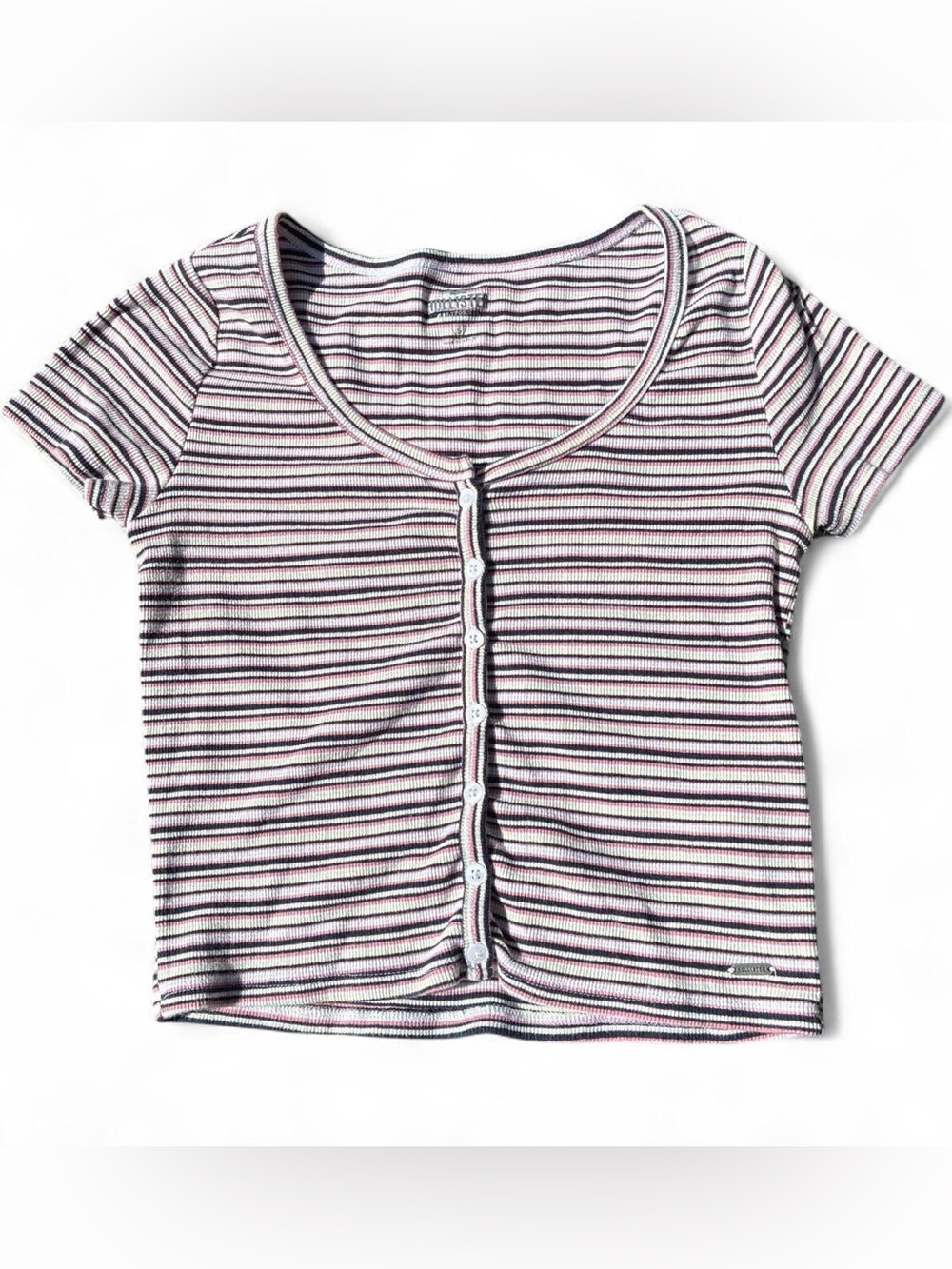 Hollister Striped Button-Front Crop Top - Pink, White & Black